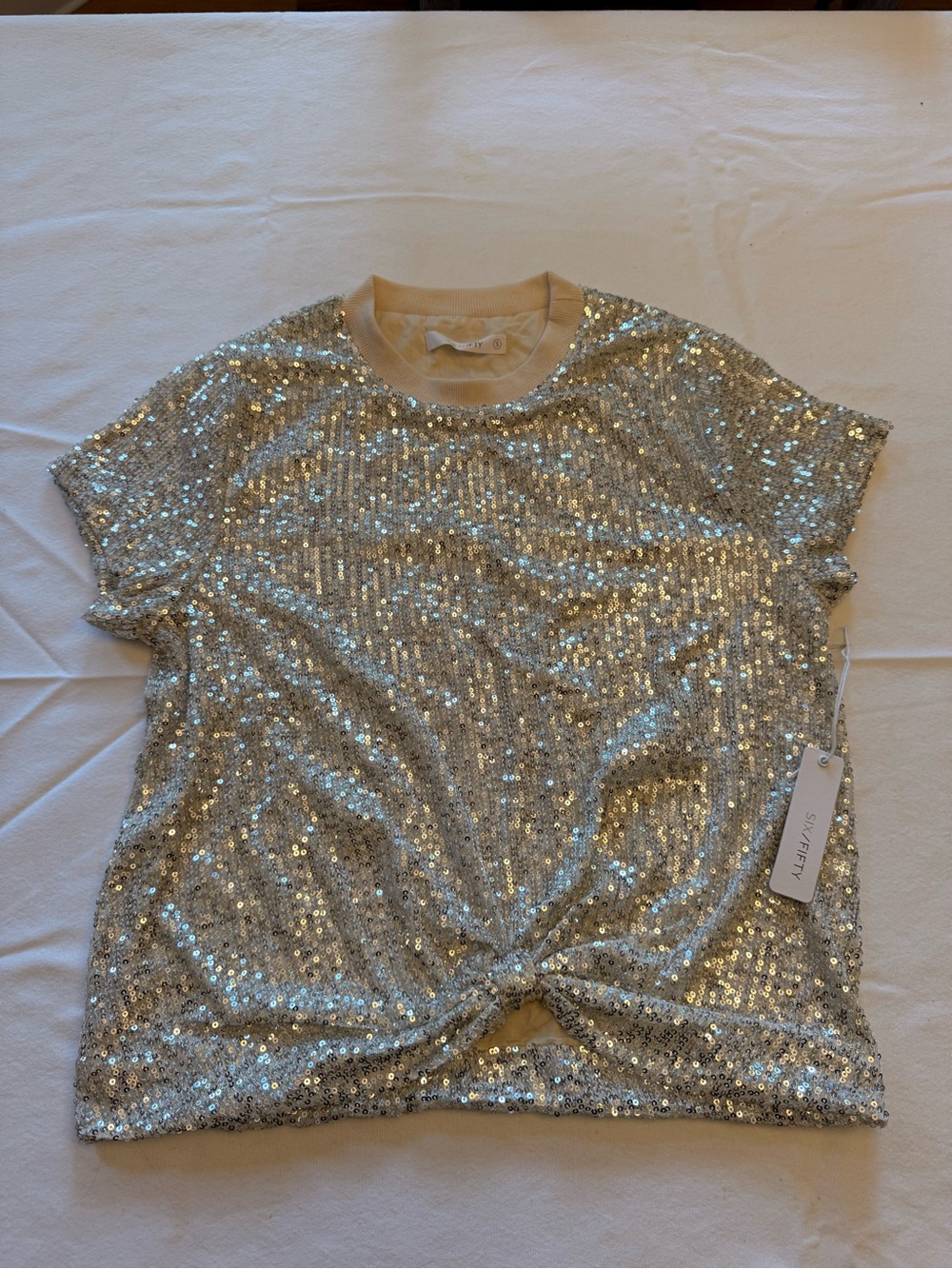 NWT Six/Fifty Sequin Short Sleeve Crewneck Top in Silver